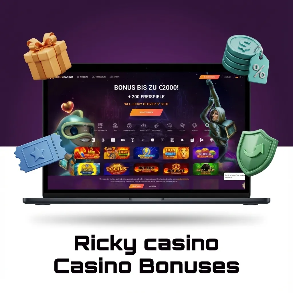 Ricky Casino bonuses page showing icons and text for welcome match, reload, free spins, cashback, and VIP high-roller offers