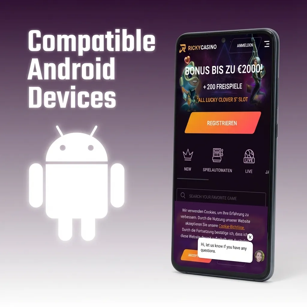Ricky casino Android app shown on various popular smartphones and tablets compatible in Australia