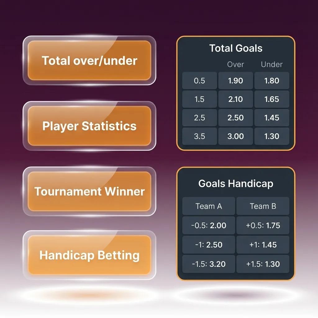 Infographic titled “Types of Bets” explaining Single, System, and Express wagers with brief risk and payout descriptions.