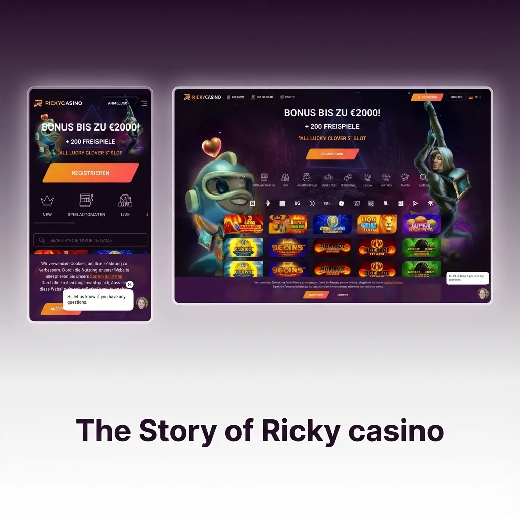 Collage showing Ricky casino logo, online slots, sports betting icons, and a Curaçao licence badge on a digital background.