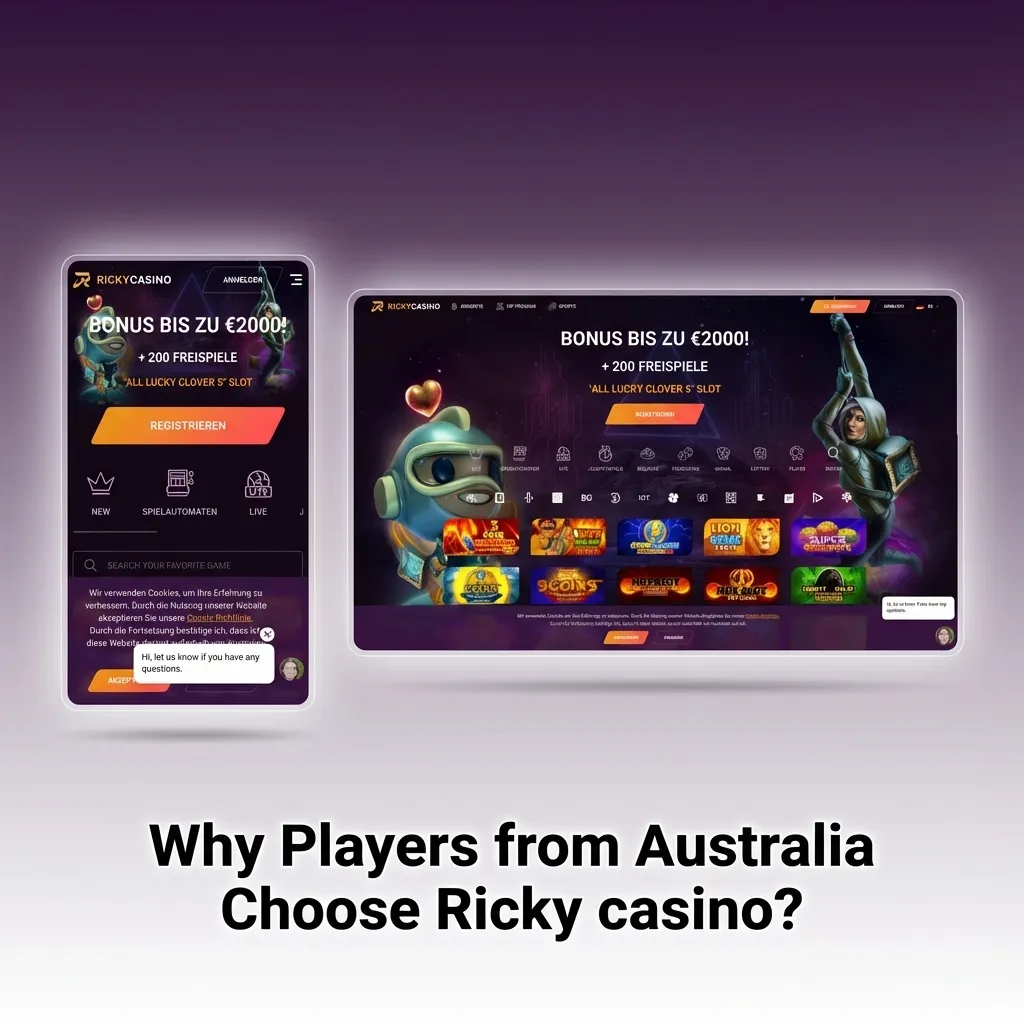 Infographic titled “Why Players from Australia Choose Ricky Casino” showing icons for AUD, mobile play, bonuses, and 24/7 support