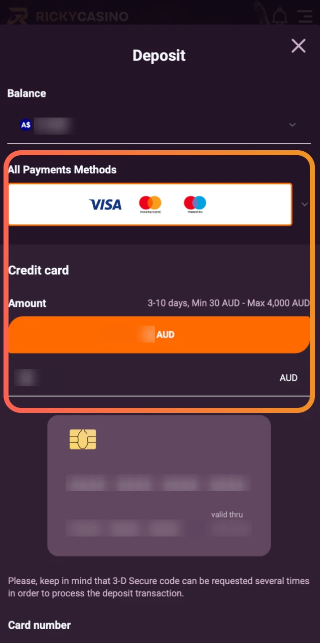 Deposit the minimum required amount at Ricky Casino to activate your welcome bonus.