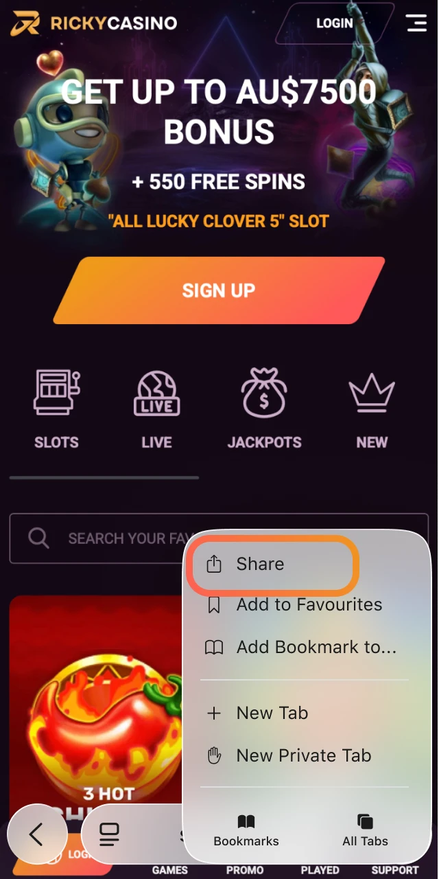 Tap the Share icon in the Safari toolbar to open iOS sharing options for Ricky Casino.