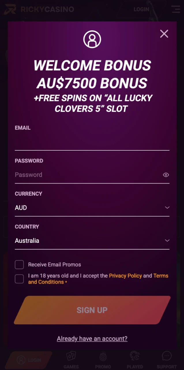 Hit the Visit button, fill in your email and currency, and confirm registration at Ricky Casino.