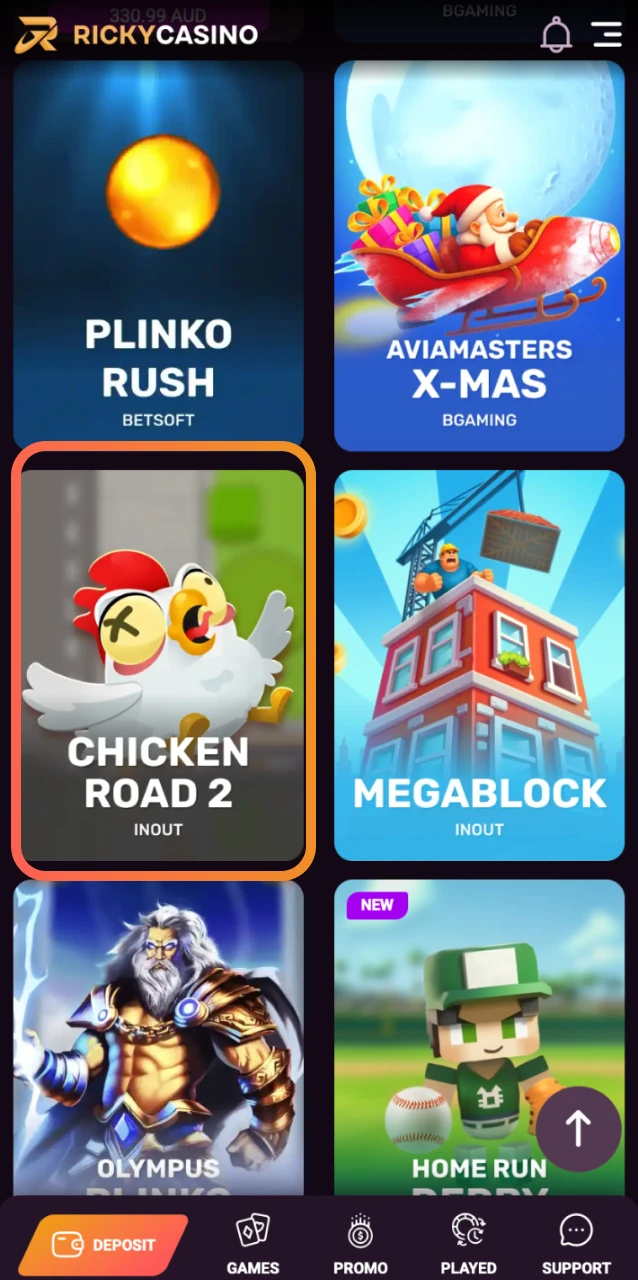 Go to the Ricky Casino lobby, search for Chicken Road 2.0, and place your first bet.