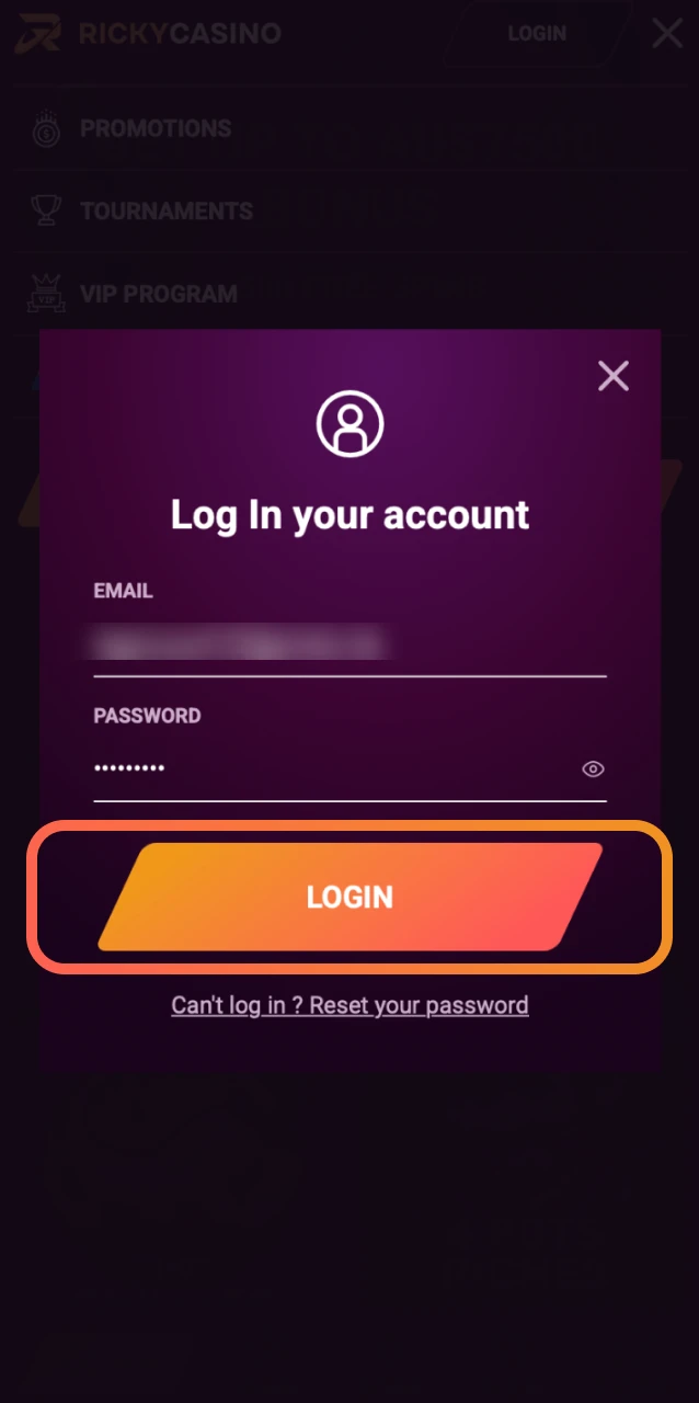 Tap Sign in to complete your Ricky Casino login and access games and account settings.