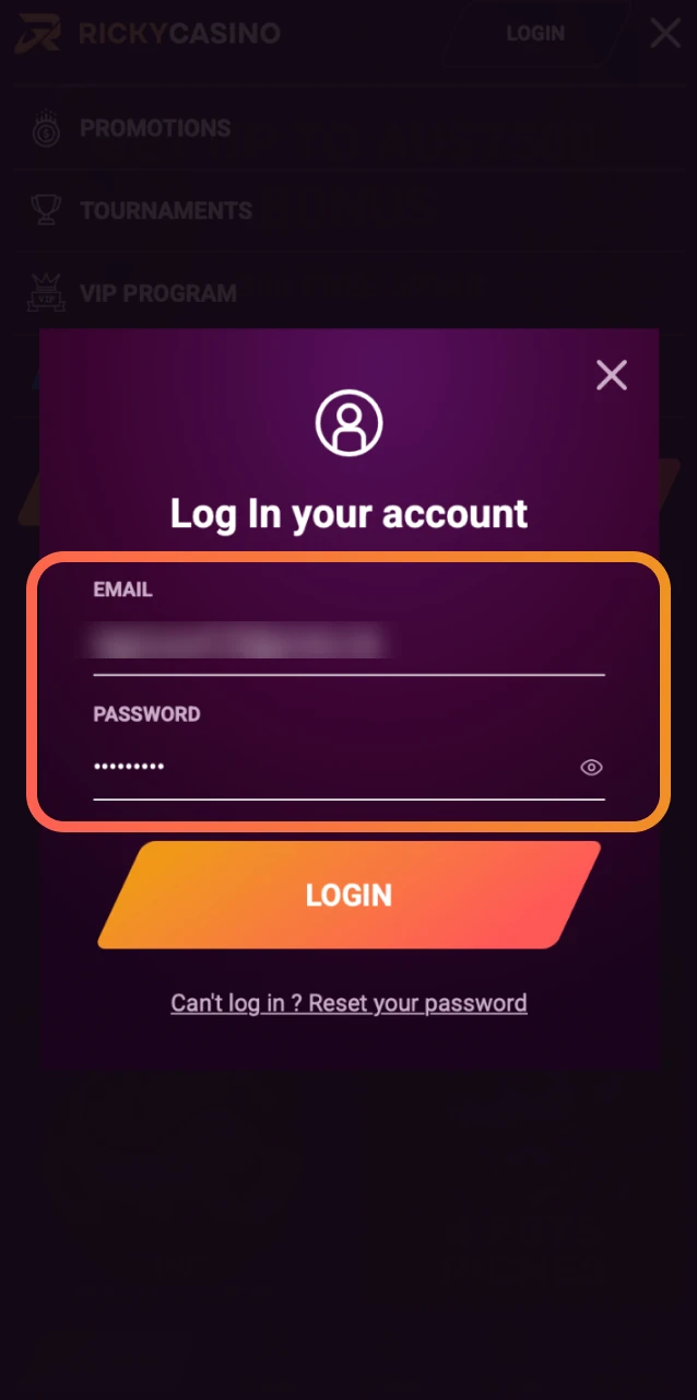 Type your registered email or username and password to log into Ricky Casino.