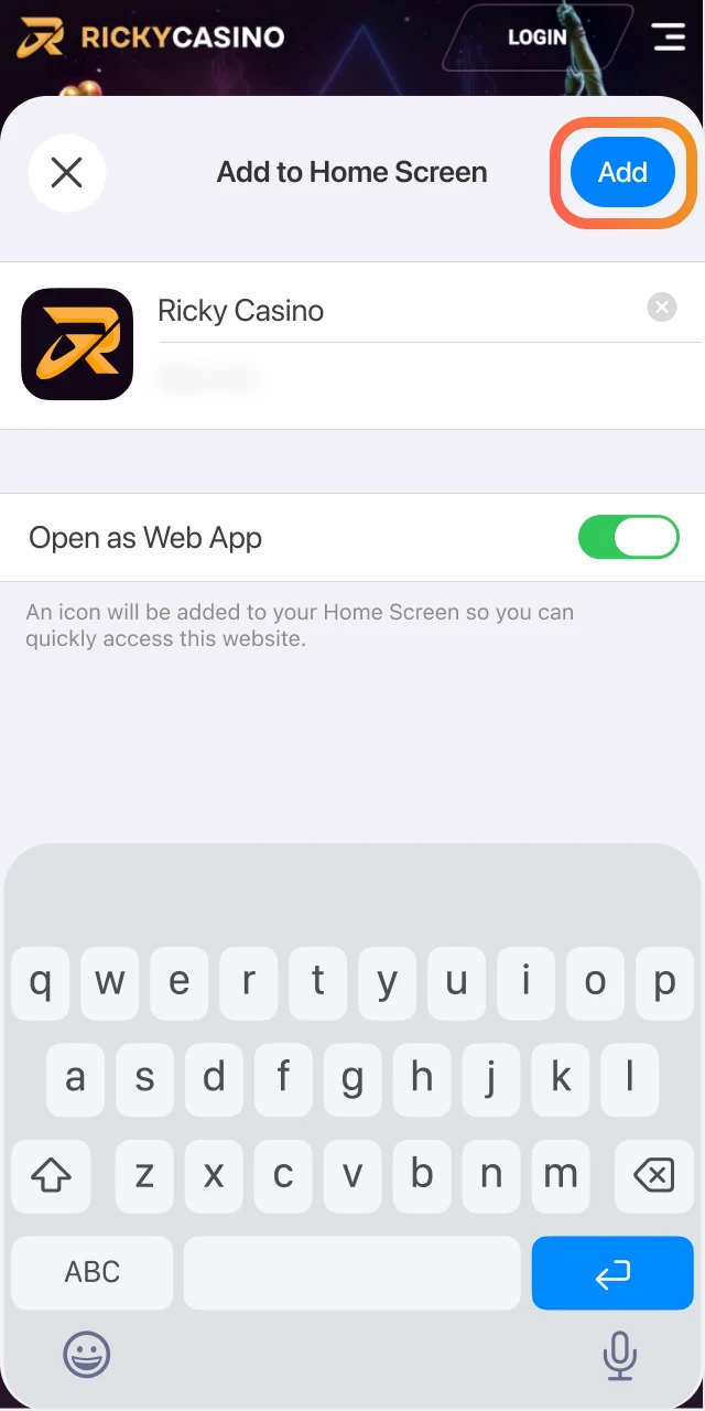 Select Add to Home Screen to create a shortcut for the Ricky Casino mobile site.