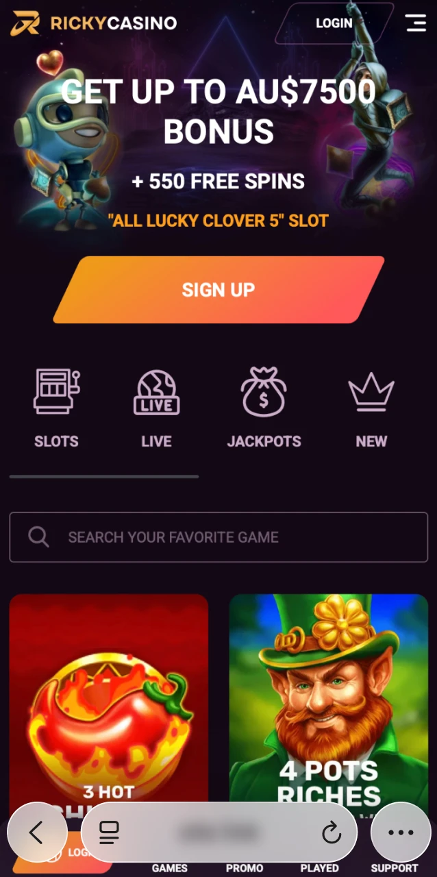 Use this page link to load the Ricky Casino website in Safari on your iPhone.