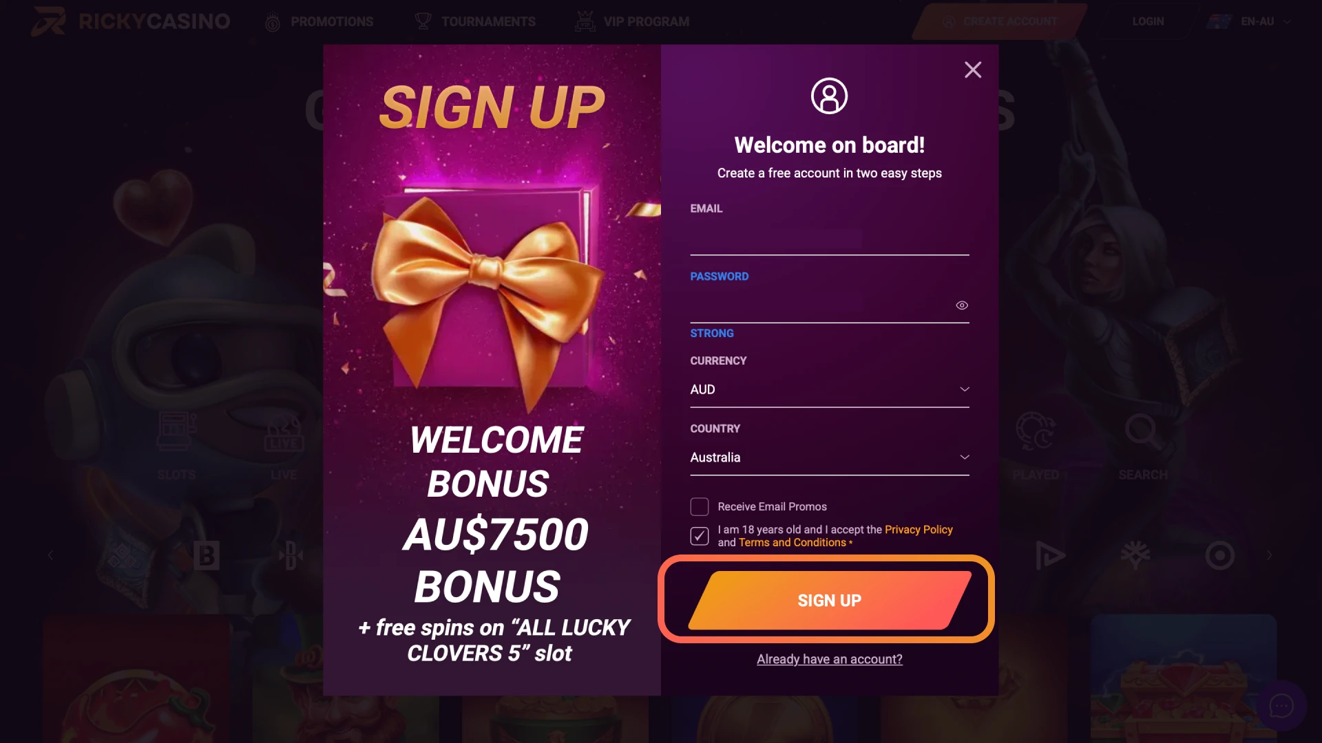 Click the verification link or code sent to your email or phone to activate Ricky Casino.