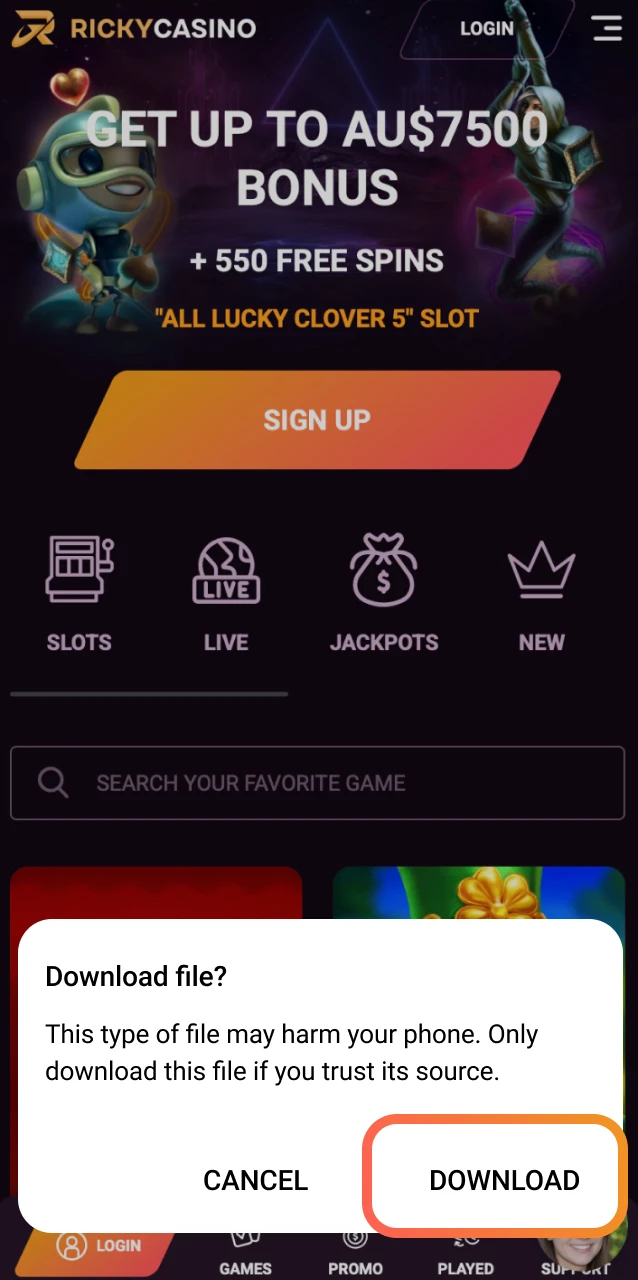 Hit Download APK on your Android phone to start downloading the Ricky Casino installer file.