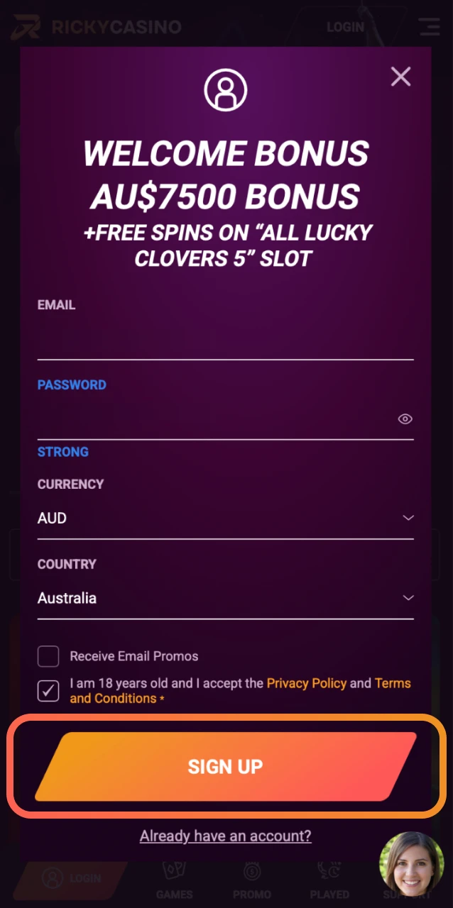 Tap Visit, enter your email and currency, and confirm registration at Ricky Casino to play Mines.