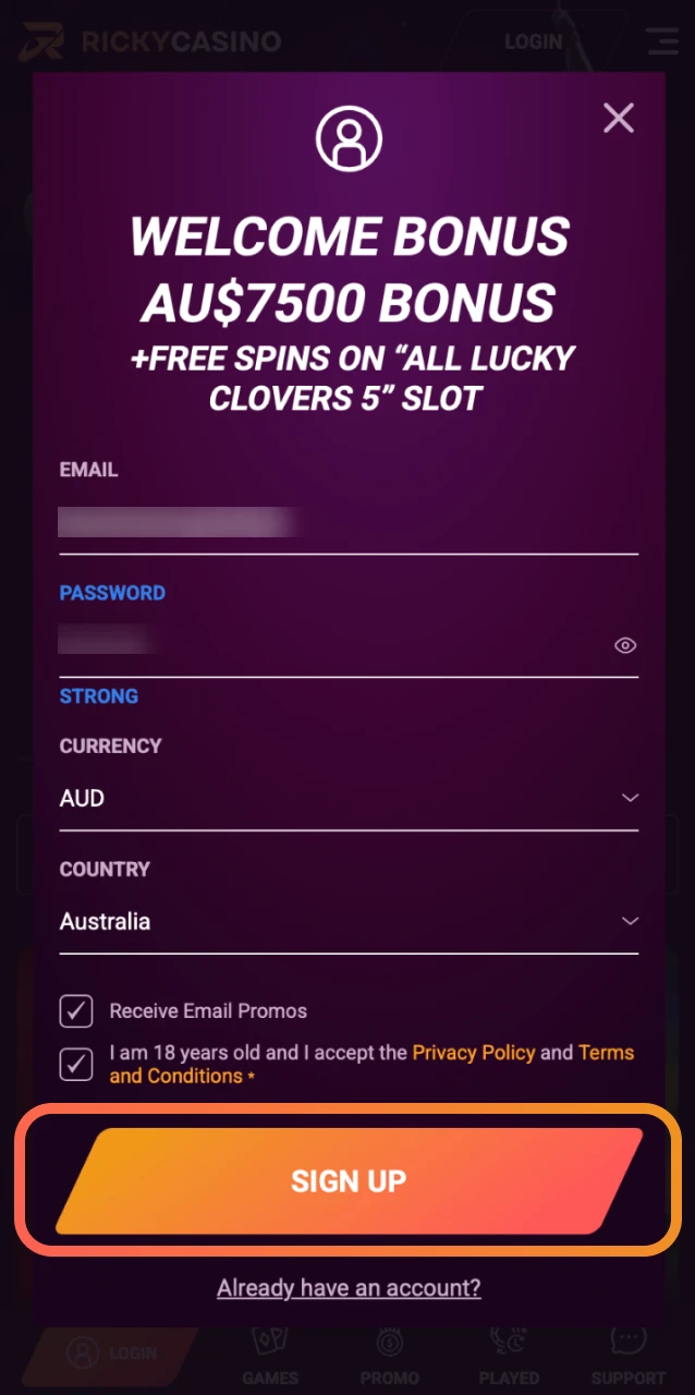 Verify your contact method and log into the Ricky Casino app to access games and sports.