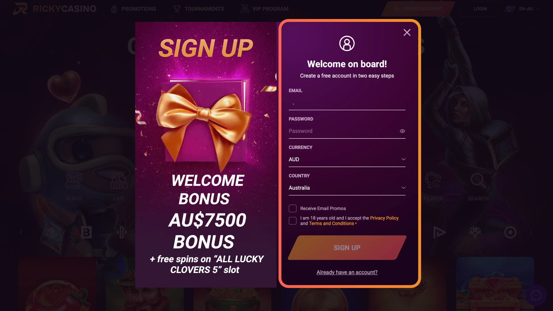 Pick email, one-click, or social login to register at Ricky Casino.